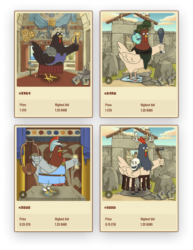 Four images of Krapopolis NFT Cards with different prices