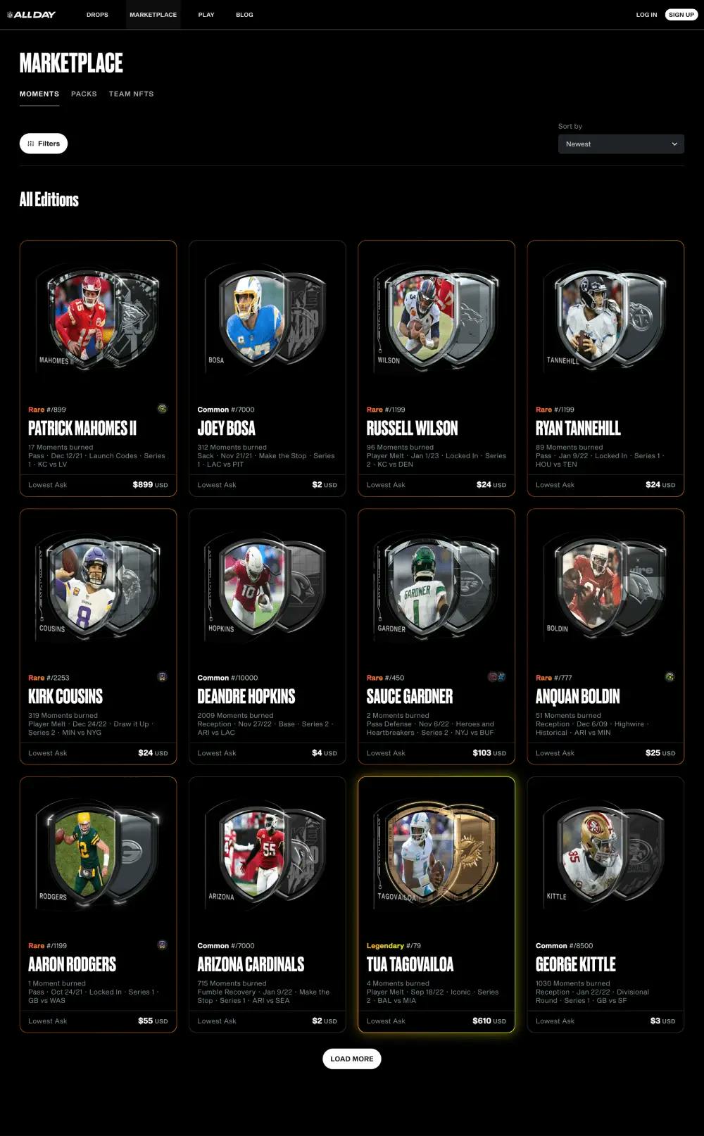 Image of NFL All webpage showing Marketplace