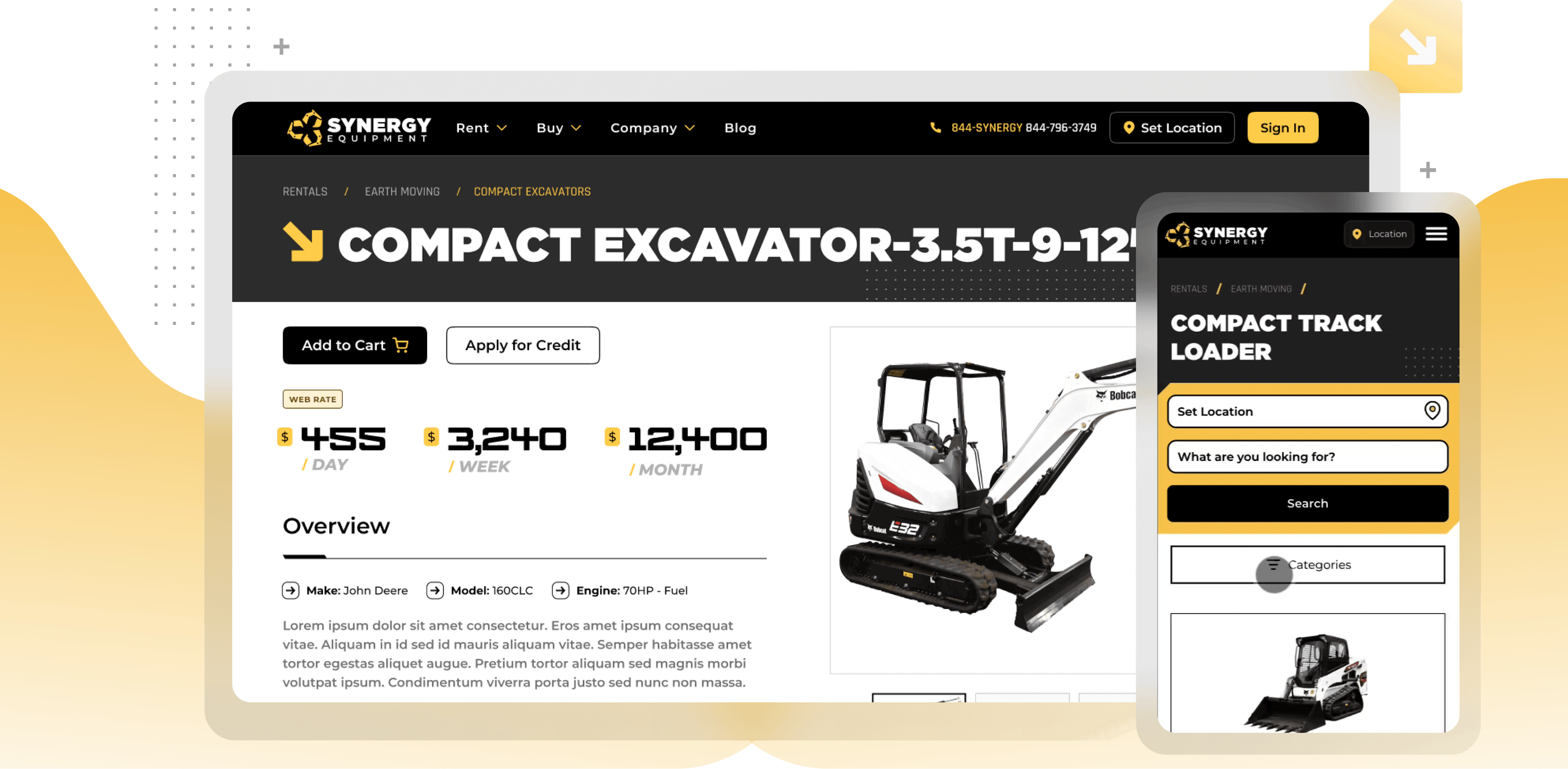 Image of desktop view of the compact excavator page and mobile view of the search page