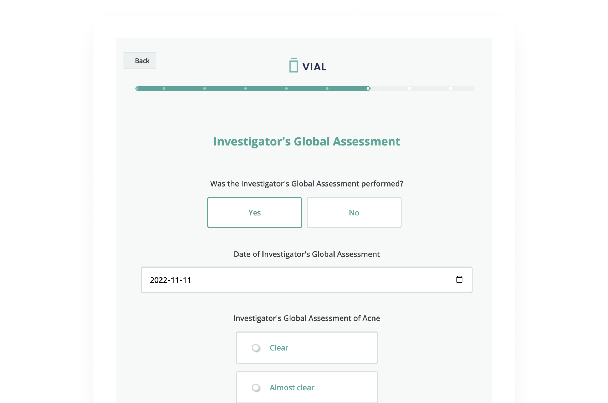 Tablet view of Vial's Investigator's Global Assessment on a tablet screen
