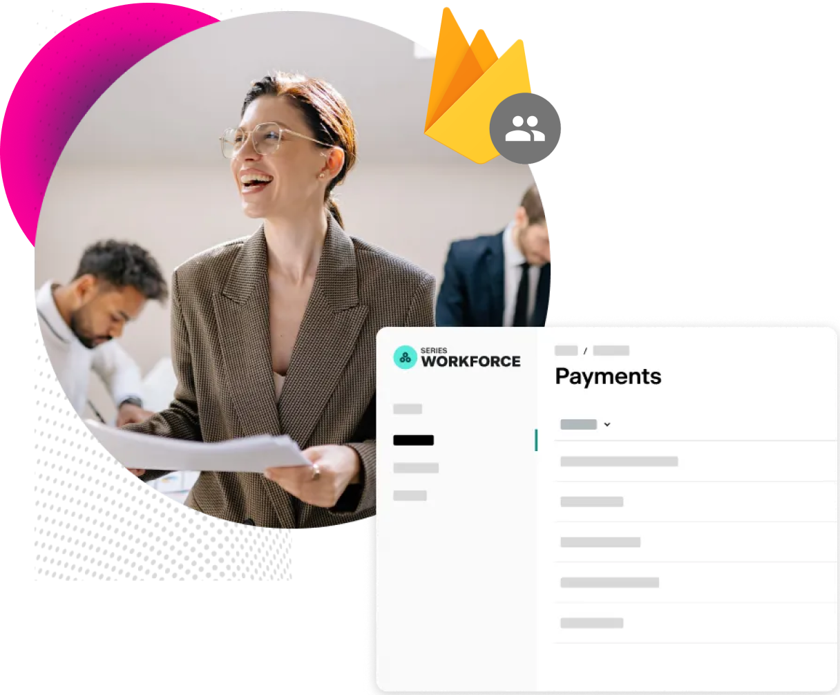 Payments screenshot in foreground and lady smiling in background